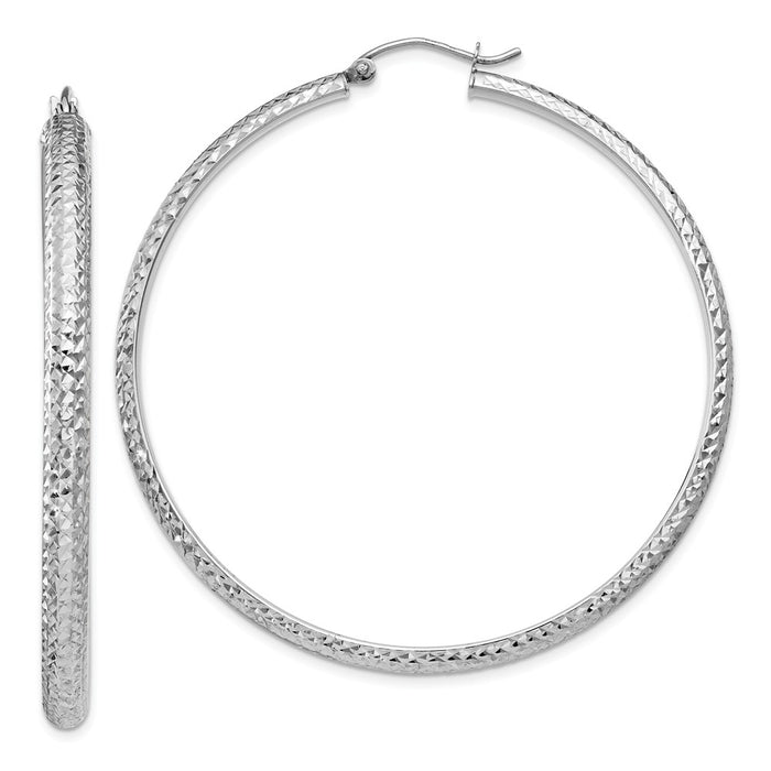 Million Charms 14K White Gold Diamond-cut 3.5x52mm Hollow Hoop Earrings, 52mm x 3.5mm