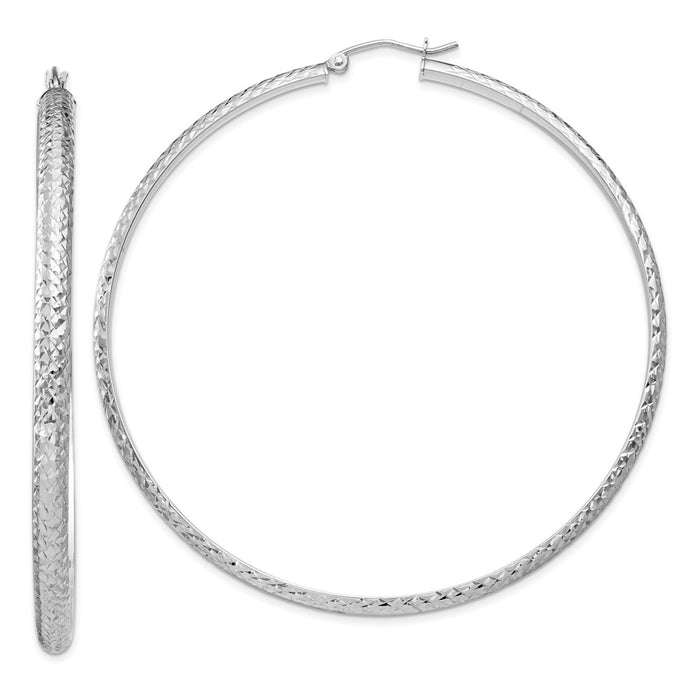 Million Charms 14K White Gold Diamond-cut 3.5x65mm Hollow Hoop Earrings, 65mm x 3.5mm