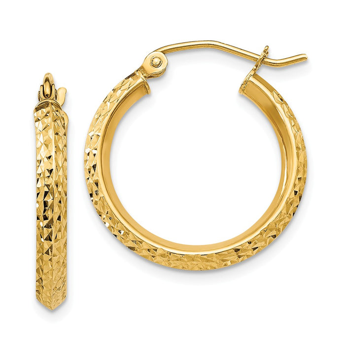 Million Charms 14k Yellow Gold Knife Edge Diamond-cut 2.5x20mm Hollow Hoop Earrings, 20mm x 2.5mm