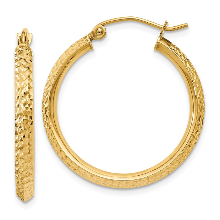 Million Charms 14k Yellow Gold Knife Edge Diamond-cut 2.5x25mm Hollow Hoop Earrings, 25mm x 2.5mm