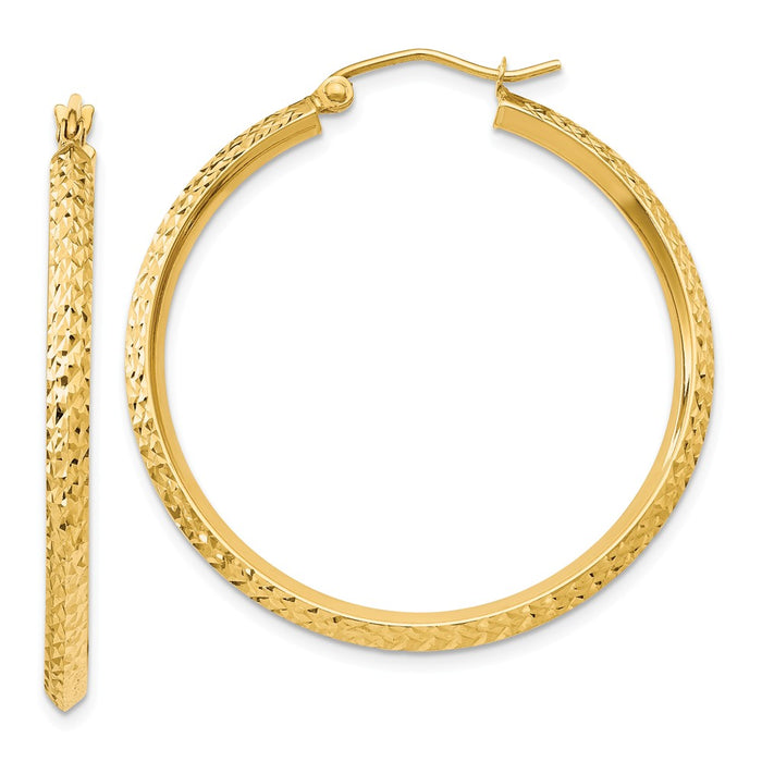 Million Charms 14k Yellow Gold Knife Edge Diamond-cut Hollow Hoop Earrings, 35mm x 2.5mm