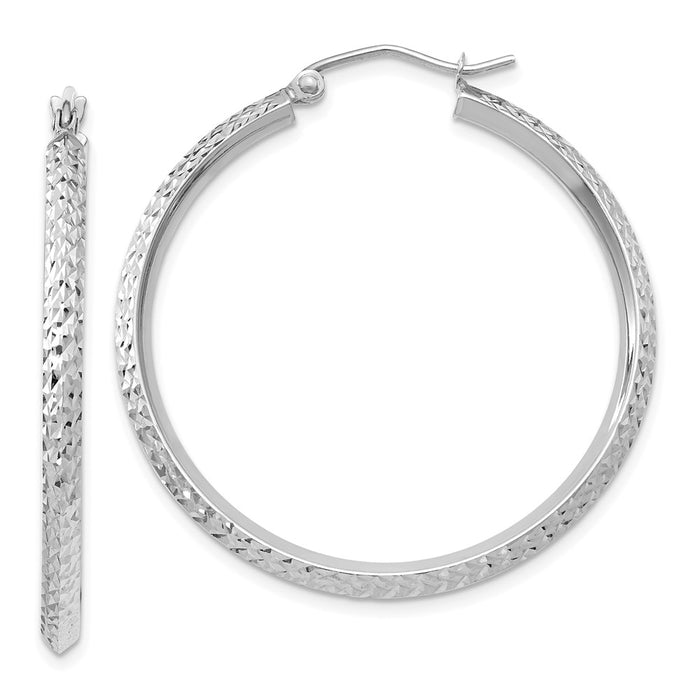 Million Charms 14K White Gold Knife Edge Diamond-cut 2.5x25mm Hoop Earrings, 35mm x 2.5mm