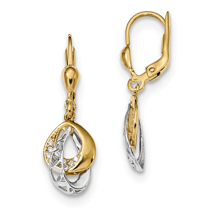 Million Charms 14k Two-tone Diamond-Cut Teardrop Cubic Zirconia ( CZ ) Dangle Leverback Earrings, 29mm x 11mm