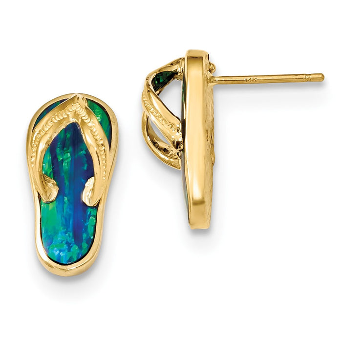 Million Charms 14k Yellow Gold Polished with Created Blue Opal Flip Flop Post Earrings, 16mm x 8mm
