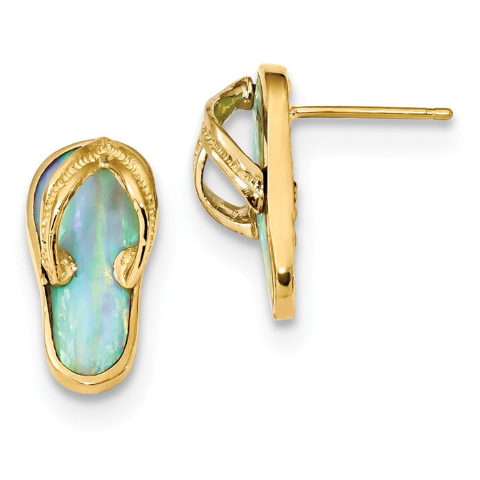 Million Charms 14k Yellow Gold Polished with Created White Opal Flip Flop Post Earrings, 16mm x 8mm