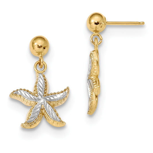 Million Charms 14k with Rhodium Diamond-cut Starfish Dangle Ball Post Earrings, 19mm x 12mm