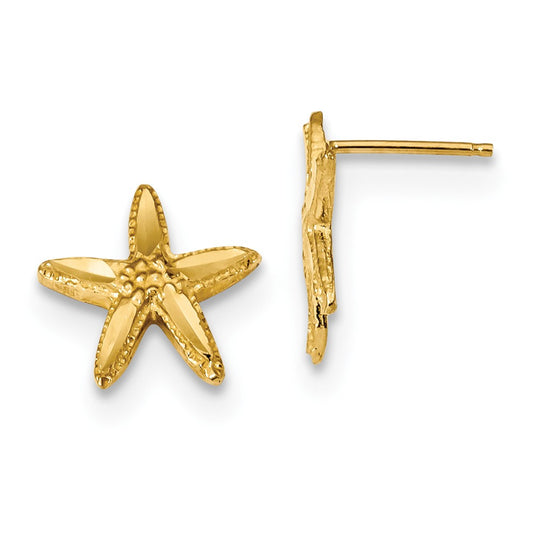 Million Charms 14k Yellow Gold Polished Textured Diamond-cut Starfish Post Earrings, 12.5mm x 12.5mm