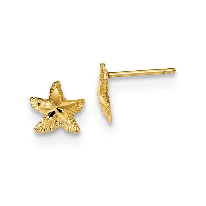 Million Charms 14k Yellow Gold Polished Diamond-cut Starfish Post Earrings, 8.8mm x 8.2mm