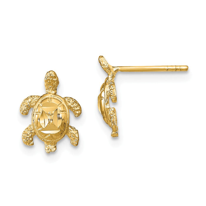 Million Charms 14k Yellow Gold Polished Diamond-cut Sea Turtle Post Earrings, 11mm x 8mm