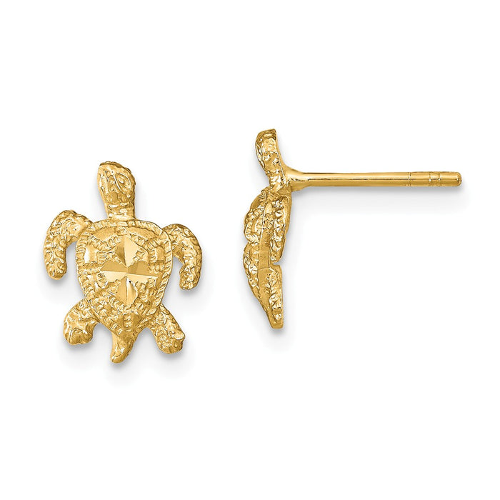 Million Charms 14k Yellow Gold Polished Diamond-cut Sea Turtle Post Earrings, 11mm x 9mm