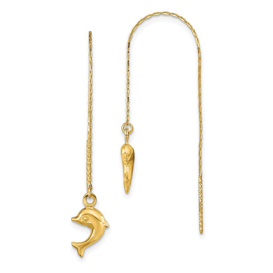 Million Charms 14k Yellow Gold Polished Dolphins Threader Earrings, 59mm x 8mm