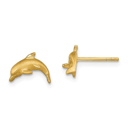 Million Charms 14k Yellow Gold Satin Diamond-cut Dolphin Post Earrings, 7mm x 9.5mm
