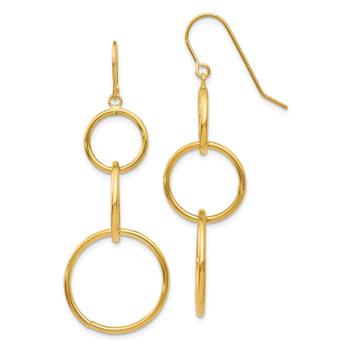 Million Charms 14k Yellow Gold 3 Circle Dangle Wire Earrings, 46mm x 16mm