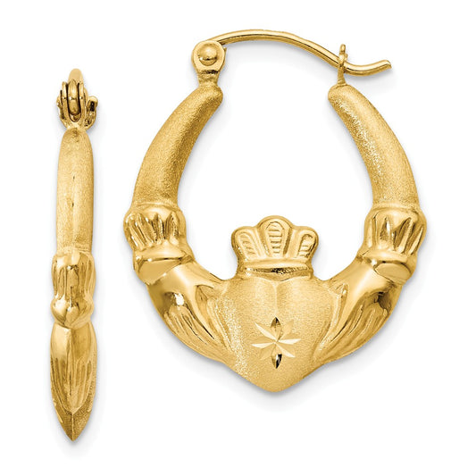 Million Charms 14k Yellow Gold Polished & Satin Claddagh Hoop Earrings, 12mm x 4mm
