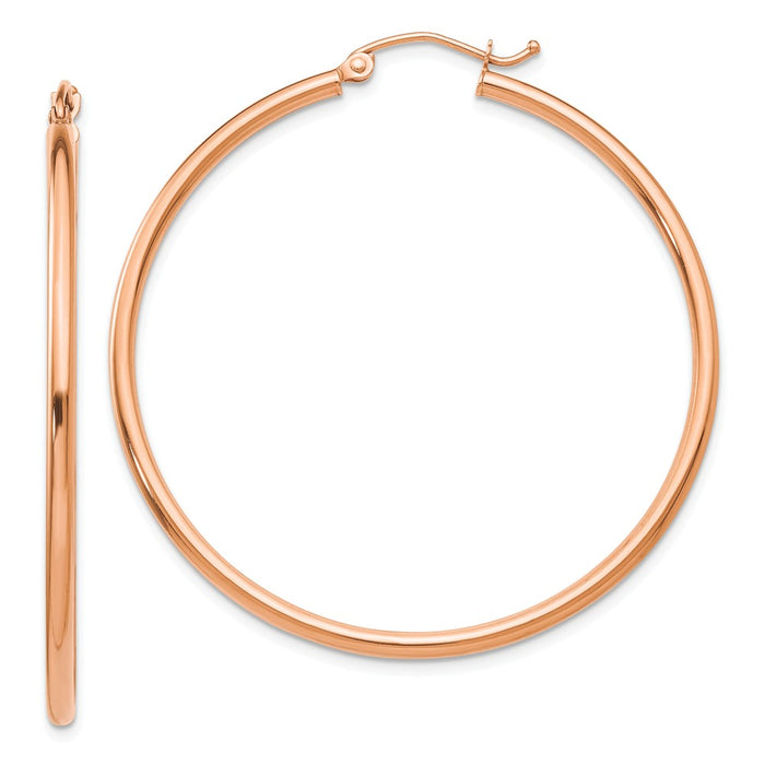 Million Charms 14k Rose Gold Polished 2mm Lightweight Tube Hoop Earrings, 45mm x 2mm