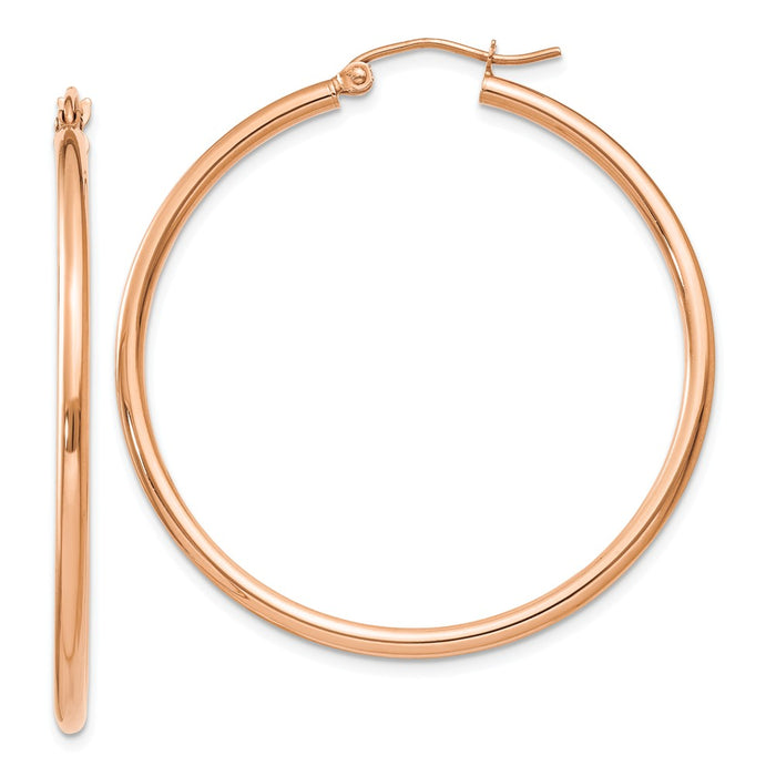 Million Charms 14k Rose Gold Polished 2mm Lightweight Tube Hoop Earrings, 40mm x 2mm