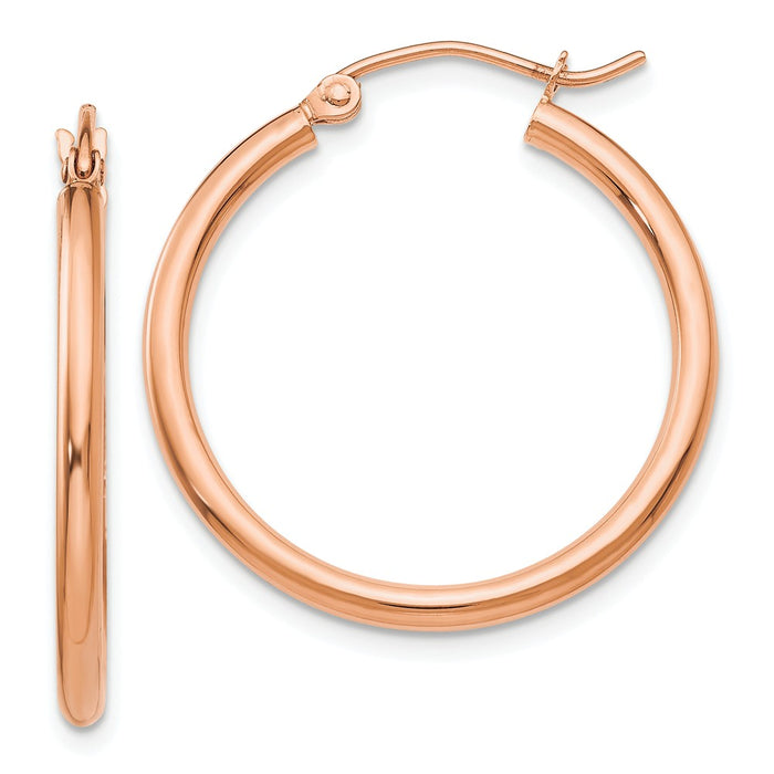 Million Charms 14k Rose Gold Polished 2mm Lightweight Tube Hoop Earrings, 25mm x 2mm