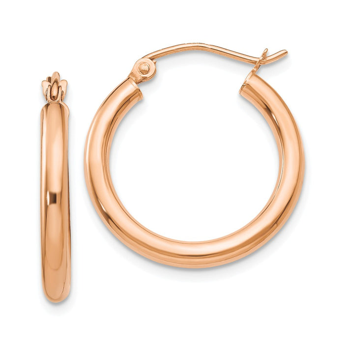 Million Charms 14k Rose Gold Polished 2.5mm Lightweight Tube Hoop Earrings, 20mm x 2.5mm