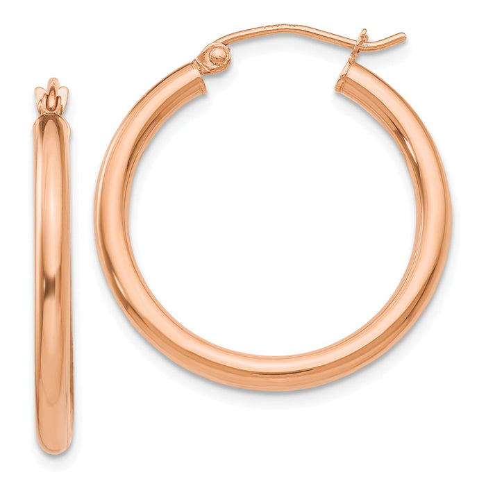 Million Charms 14k Rose Gold Polished 2.5mm Lightweight Tube Hoop Earrings, 25mm x 2.5mm