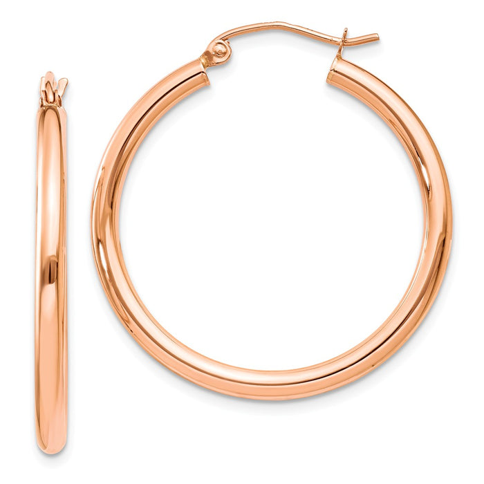 Million Charms 14k Rose Gold Polished 2.5mm Lightweight Tube Hoop Earrings, 30mm x 2.5mm