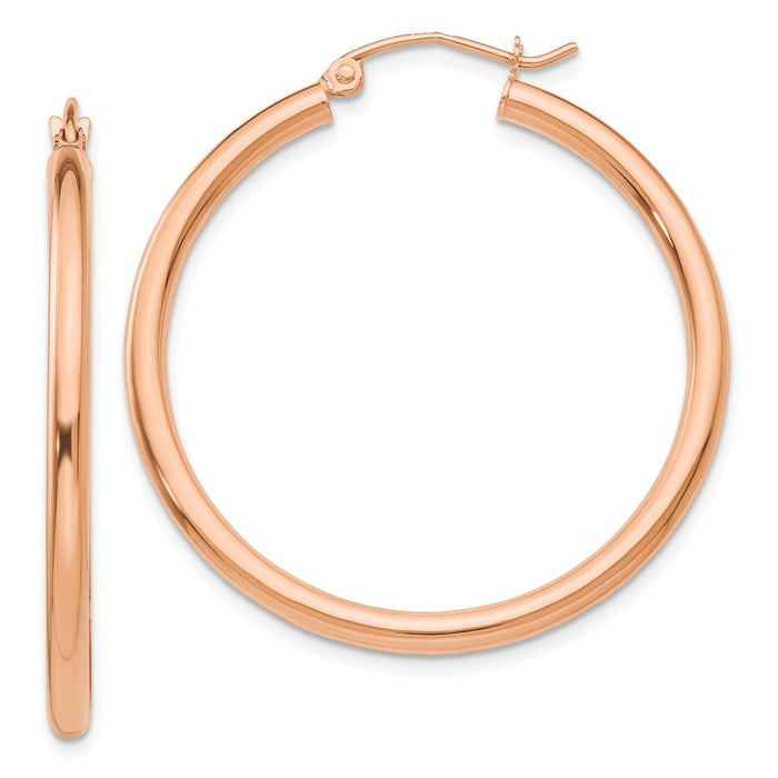 Million Charms 14k Rose Gold Polished 2.5mm Lightweight Tube Hoop Earrings, 35mm x 2.5mm