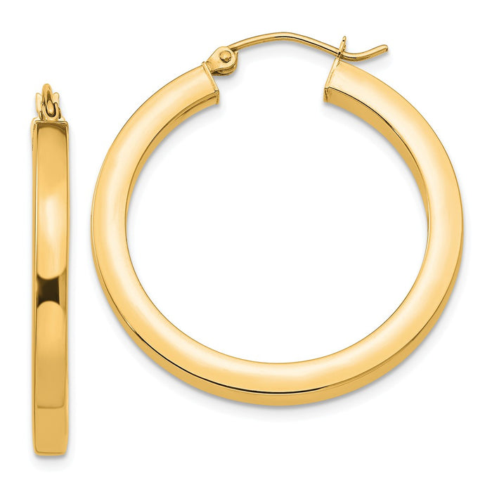 Million Charms 14k Yellow Gold 3mm Polished Square Hoop Earrings, 30mm x 3mm