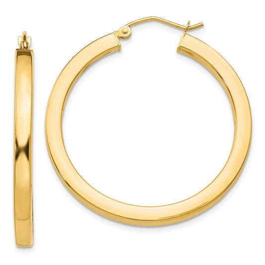 Million Charms 14k Yellow Gold 3mm Polished Square Hoop Earrings, 35mm x 3mm