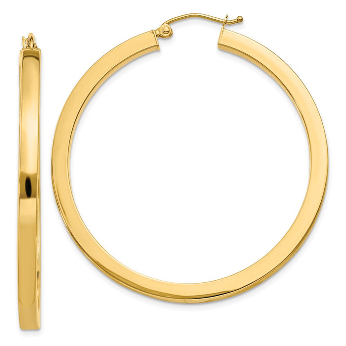 Million Charms 14k Yellow Gold 3mm Polished Square Hoop Earrings, 45mm x 3mm