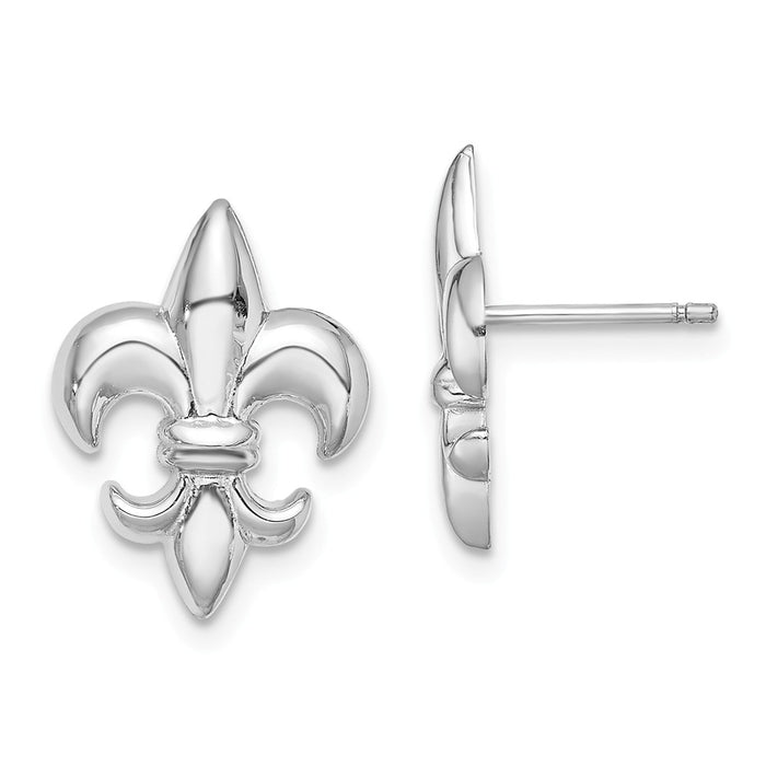 Million Charms 14K White Gold Small Fleur-De-Lis Post Earrings, 15.45mm x 11.65mm