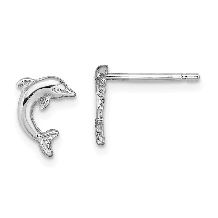 Million Charms 14K White Gold Mini Jumping Dolphin Post Earrings, 9.7mm x 7mm