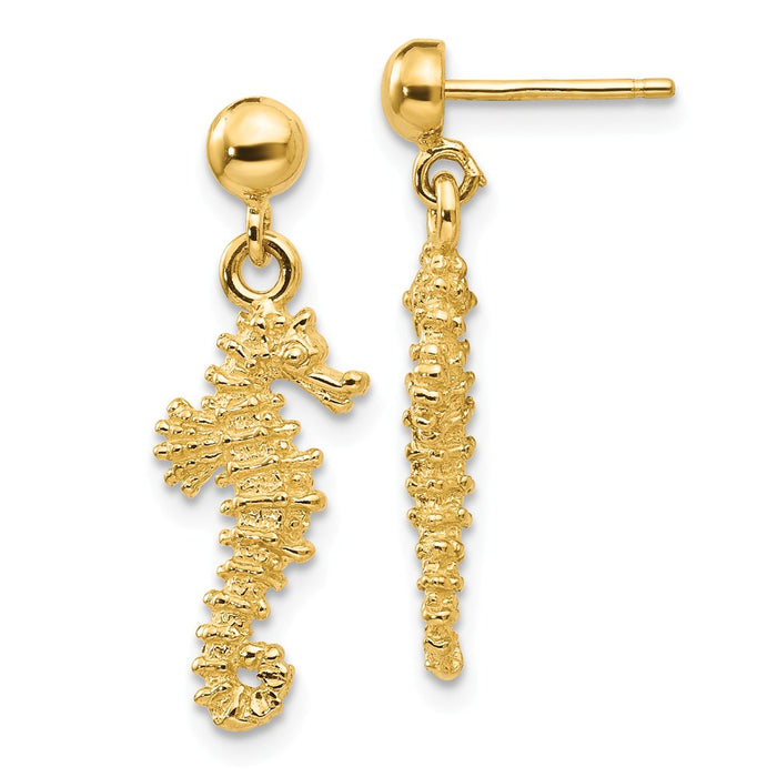 Million Charms 14k Yellow Gold Seahorse Dangle Earrings, 24mm x 8mm