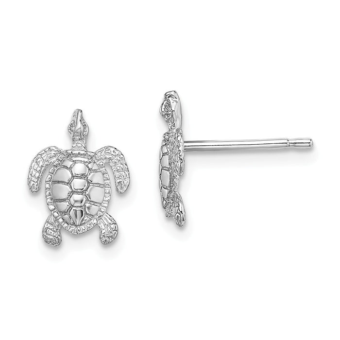 Million Charms 14K White Gold Polished & Textured Sea Turtle Post Earrings, 11.4mm x 8.6mm