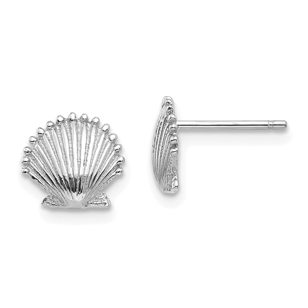 Million Charms 14K White Gold Scallop Shell Post Earrings, 8.02mm x 8.51mm