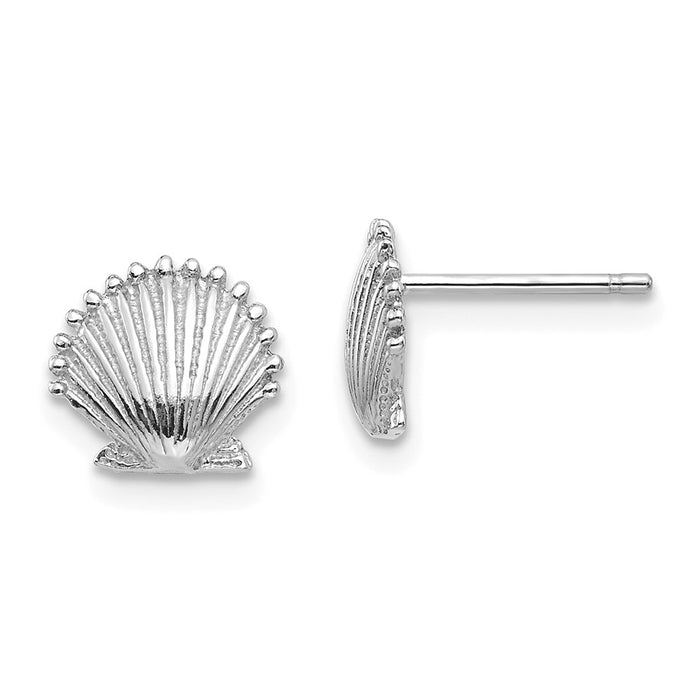 Million Charms 14K White Gold Scallop Shell Post Earrings, 8.02mm x 8.51mm