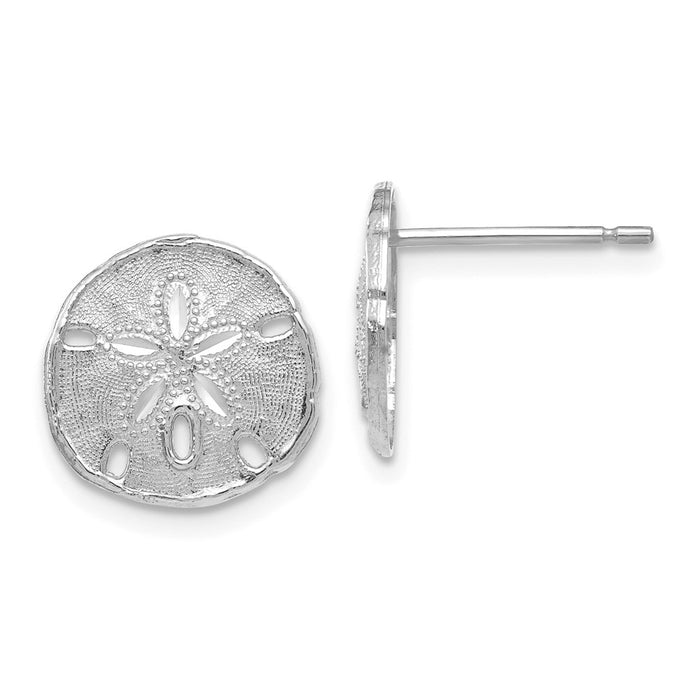 Million Charms 14k White Gold Sand Dollar Post Earrings, 11.3mm x 11.55mm