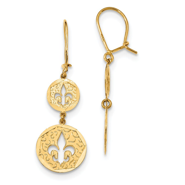 Million Charms 14k Yellow Gold Diamond-cut Fleur de Lis Dangle Kidney Wire Earrings, 43mm x 13.8mm