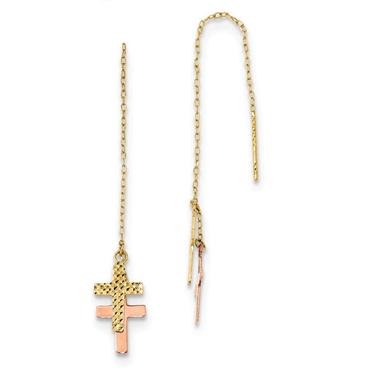 Million Charms 14k Yellow & Rose Diamond-Cut Polished Crosses Threader Earrings, 63mm x 7mm