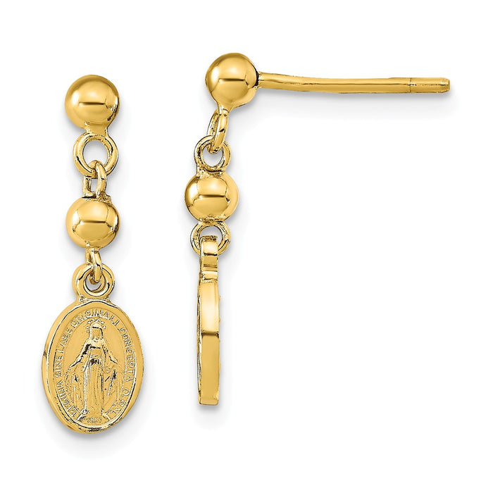 Million Charms 14k Yellow Gold Polished Miraculous Medal Dangle Post Earrings, 13mm x 5.5mm