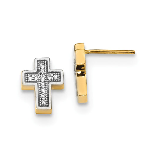 Million Charms 14k Micro Pav‚ Cubic Zirconia ( CZ ) Cross Post Earrings, 10mm x 8mm