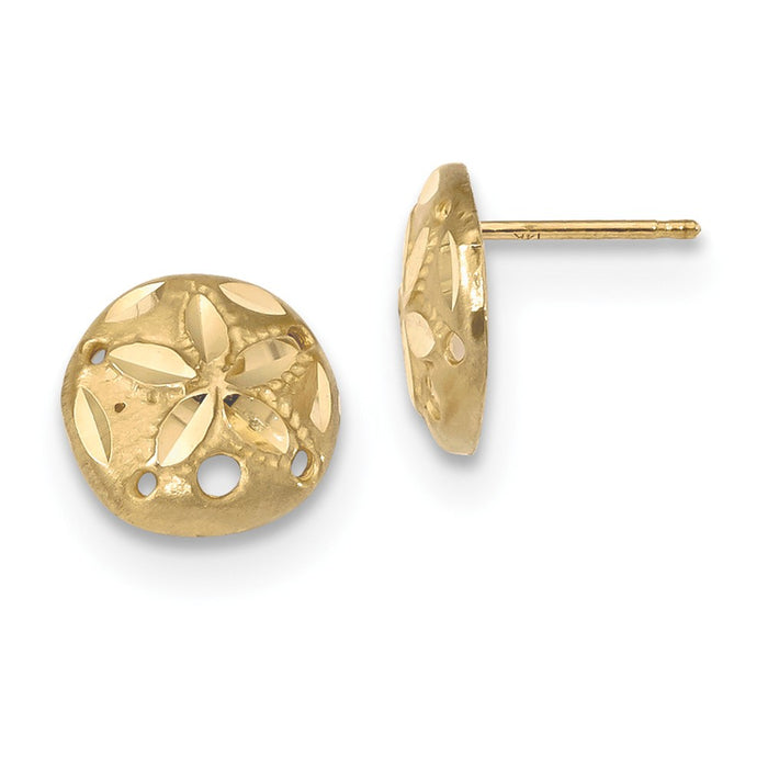 Million Charms 14k Yellow Gold Satin Diamond-cut Sand Dollar Post Earrings, 10.5mm x 10.5mm