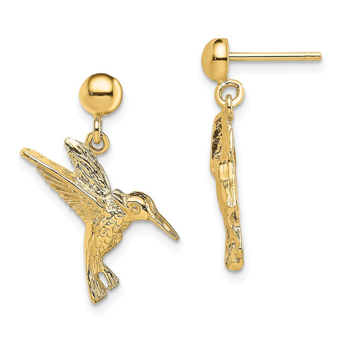 Million Charms 14k Yellow Gold Hummingbird Post Dangle Earrings, 20.05mm x 11.05mm