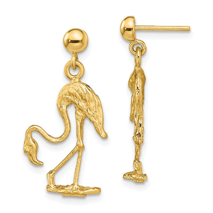 Million Charms 14k Yellow Gold 3-D Flamingo Dangle Earrings, 25.25mm x 12.7mm