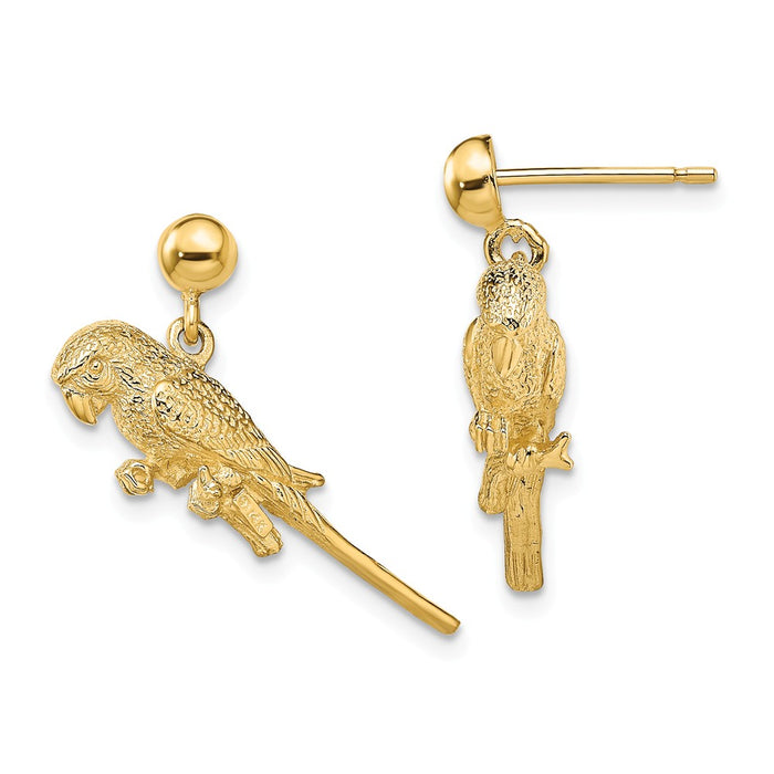Million Charms 14k Yellow Gold 3-D Parrot Dangle Earrings, 13.5mm x 24.45mm