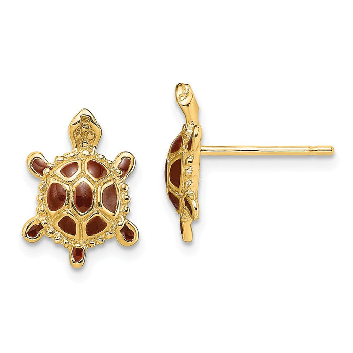 Million Charms 14k Yellow Gold SEA TURTLE with SPINY BROWN ENAMEL SHELL EARRINGS, 12.25mm x 9mm