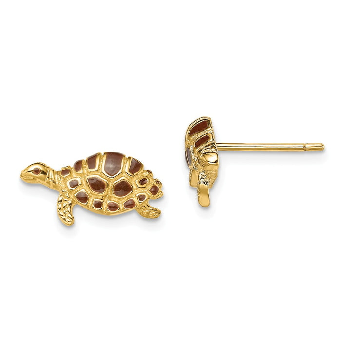 Million Charms 14k Yellow Gold Brown Enamel Turtle Post Earrings, 15mm x 8.3mm