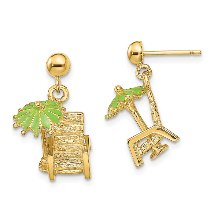 Million Charms 14k Yellow Gold 3-D Beach Chair with Green Enameled Umbrella Earrings, 13mm x 13mm