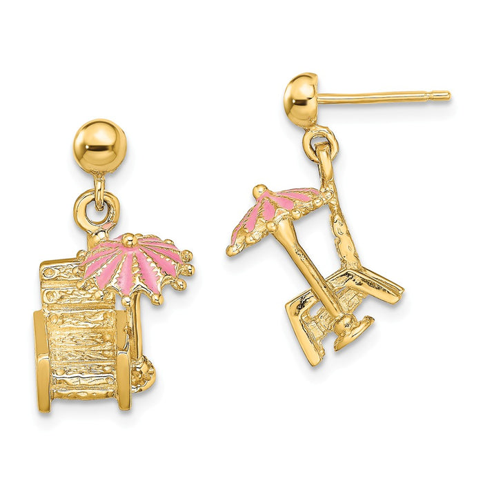 Million Charms 14k Yellow Gold 3-D Beach Chair with Pink Enameled Umbrella Earrings, 13mm x 13mm