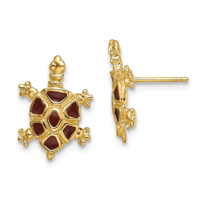 Million Charms 14k Yellow Gold with Brown Enamel Tortoise Post Earrings, 15mm x 11.4mm