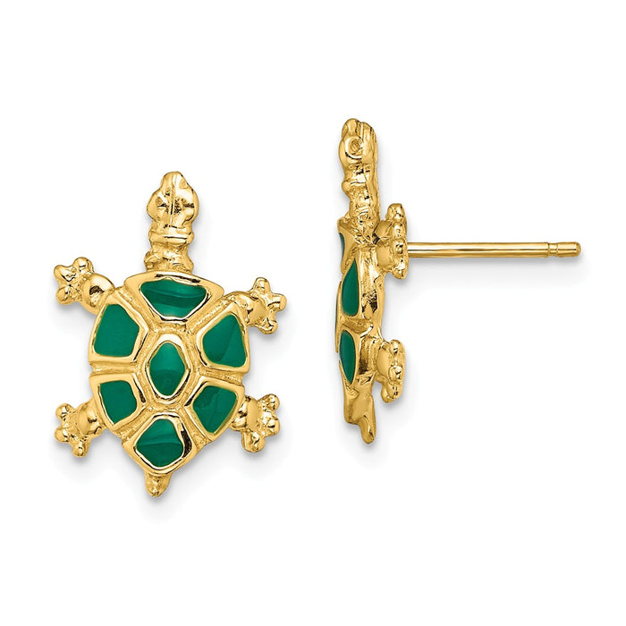 Million Charms 14k Yellow Gold LAND TURTLE with GREEN ENAMEL SHELL EARRING, 15.75mm x 11.35mm