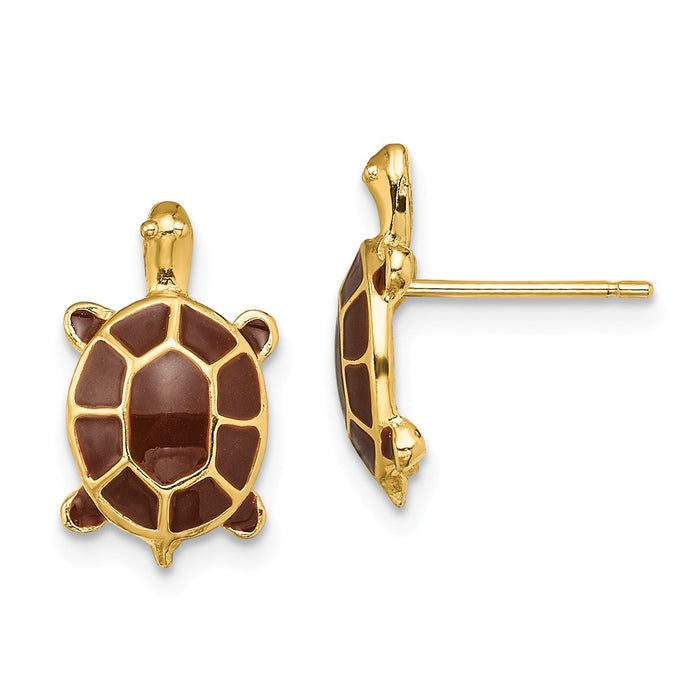 Million Charms 14k Yellow Gold with Brown Enamel Sea Turtle Post Earrings, 15mm x 8.8mm